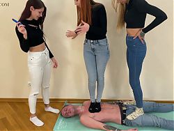 Triple Full Weight Trampling Femdom With Mistresses Kira, Sofi and Agma
