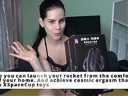 Anna unbox a male masturbator from XSpaceCup and milks her husbands dick while he kisses her feet